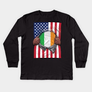 Ireland Flag American Flag Ripped - Gift for Irish From Ireland Kids Long Sleeve T-Shirt